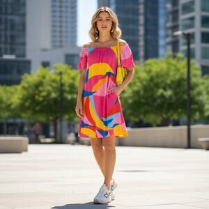 Signature by Robbie Bee Dress • PM • Off‑Shoulder • Multicolor Abstract Print